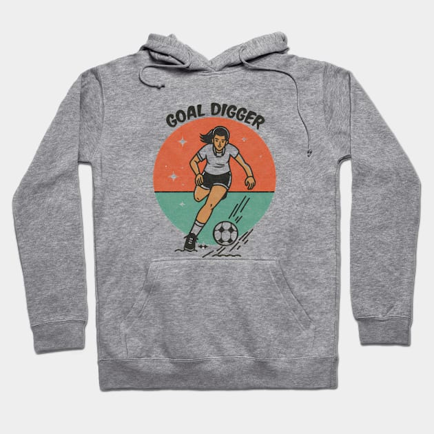 Funny Minimalist Vintage Girl Kicking Football 'Goal Digger' Illustration Hoodie by Tecnofa